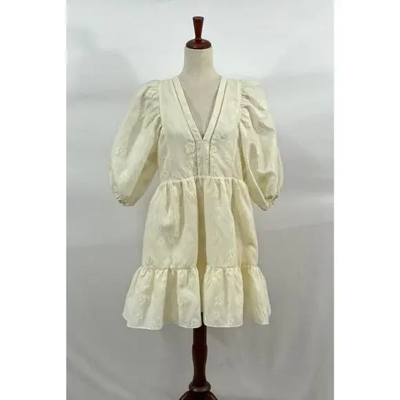 HUNTER BELL Sz L Large Gaille Cream Short Puff Sleeve Jacquard Dress - Picture 6 of 12